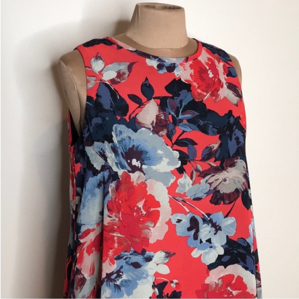 Sheer Watercolor Floral Print Sleeveless Shift Dress Gold Zipper Red and Blue